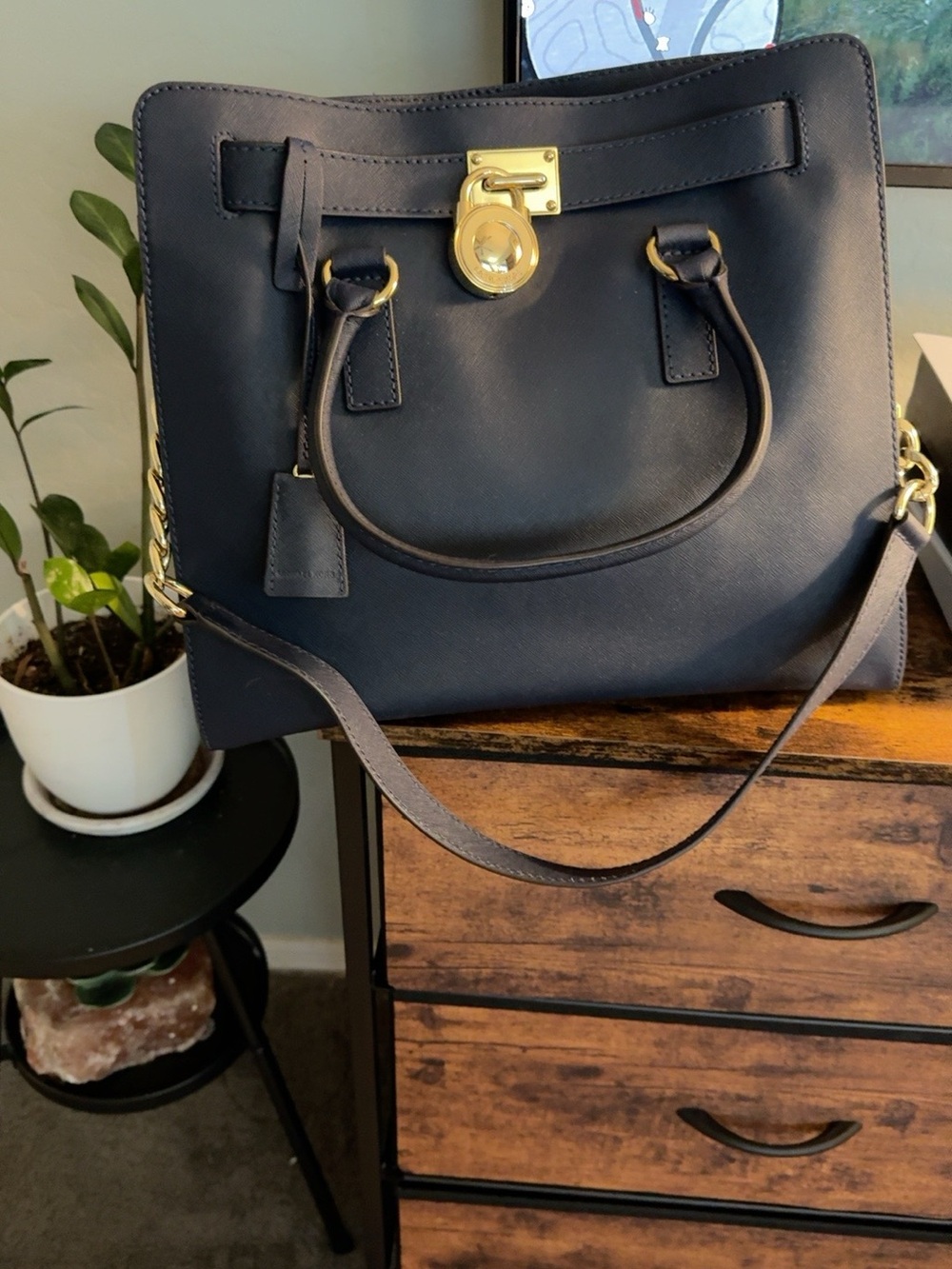 Michael Kors Collection Navy Leather Satchel with Gold Hardware Accent
